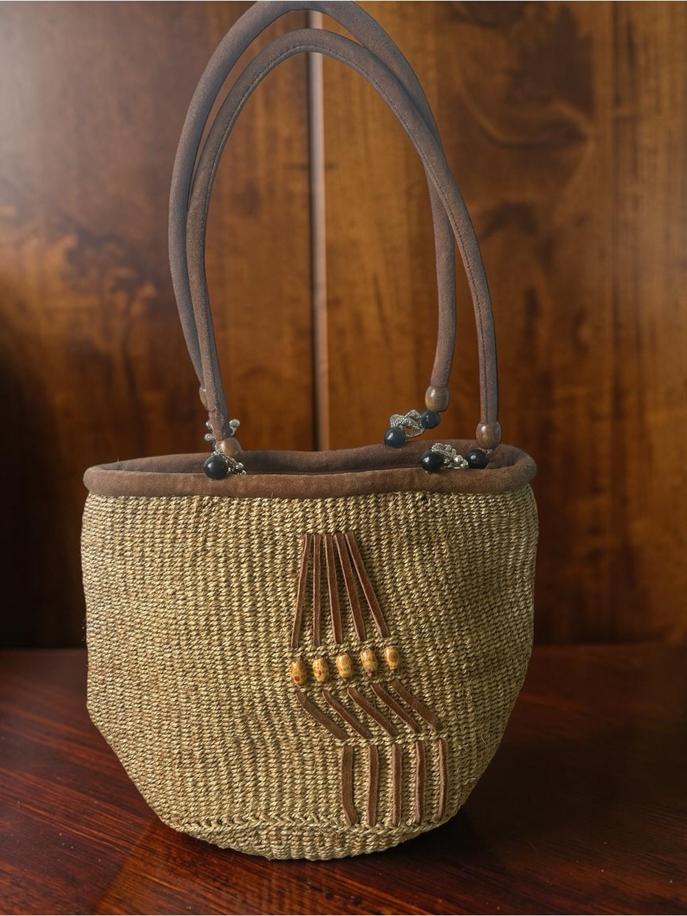 Vintage Woven Beaded Shoulder Bag Brown Suede Boho Purse